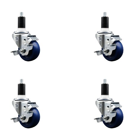 Service Caster 3'' SS Solid Poly Swivel 1-3/8'' Expanding Stem Caster Set with Brake, 4PK SCC-SSEX20S314-SPUS-TLB-138-4